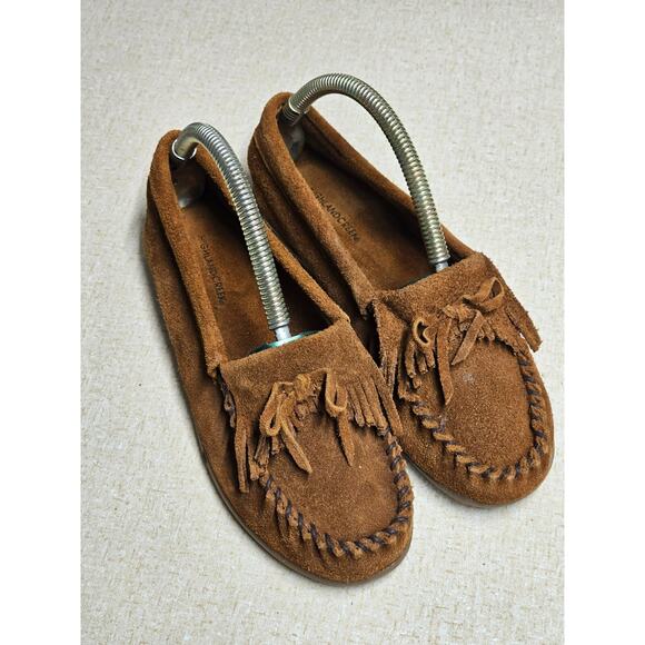 Hiawatha Moccasins Brown Leather Shoes Womens Sz 7 Fringe Rustic Boho Hippie - Picture 1 of 12